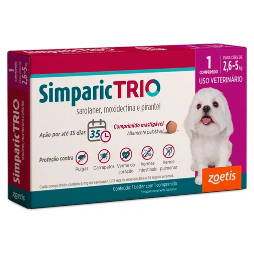 Antipulgas, Carrapacida e Vermífugo Simparic Trio para Cães de 2,6 a 5kg 1un