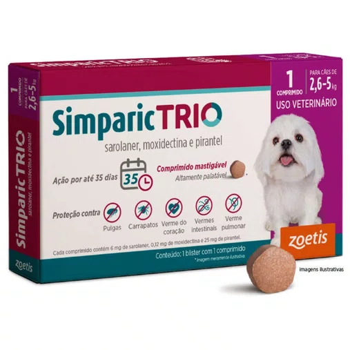 Antipulgas, Carrapacida e Vermífugo Simparic Trio para Cães de 2,6 a 5kg 1un