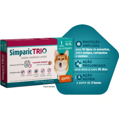 Antipulgas, Carrapaticida e Vermífugo Simparic Trio para Cães de 10,1 a 20kg 1un