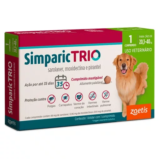 Antipulgas, Carrapaticida e Vermífugo Simparic Trio para Cães de 20,1 a 40kg 1un