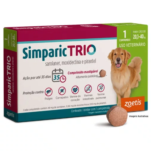 Antipulgas, Carrapaticida e Vermífugo Simparic Trio para Cães de 20,1 a 40kg 1un