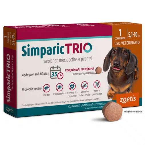 Antipulgas, Carrapaticida e Vermífugo Simparic Trio para Cães de 5,1 a 10,1kg 1un