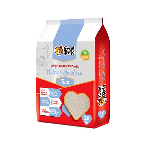 Areia Biodegradável Greats Pets Milho e Mandioca Fina 3,8Kg