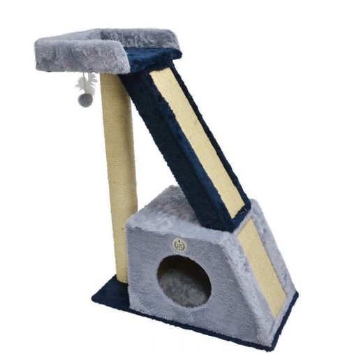 Brinquedo São Pet Arranhador Pelúcia Torre com Rampa e Toca Agger Azul e Cinza para Gatos