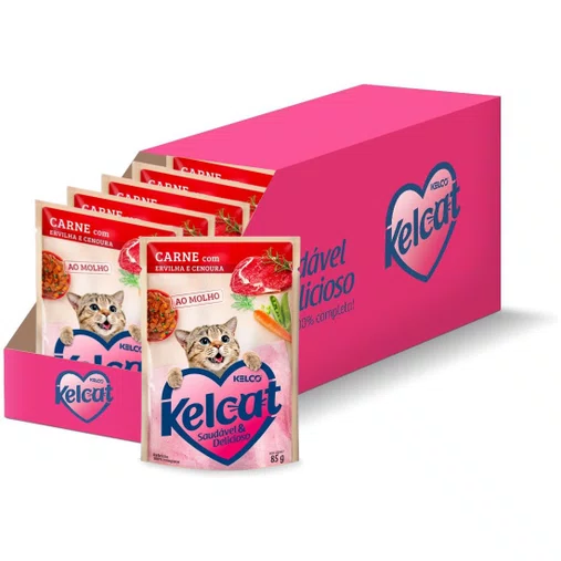 Caixa Sachê Kelcat para Gatos sabor Carne, Ervilha e Cenoura 85g com 20 Unidades