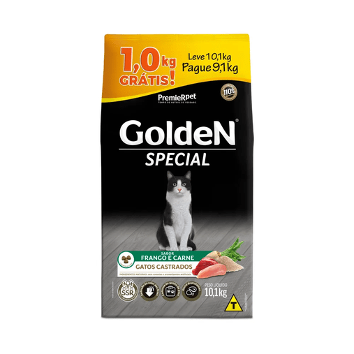 Ração Golden Special para Gatos Castrados Sabor Frango e Carne Pague 9 Leve 10,1Kg