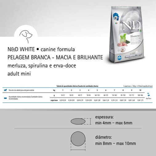 Ração N&D White para Cães Adultos Raças Pequenas Sabor Merluza, Spirulina e Erva Doce 2Kg