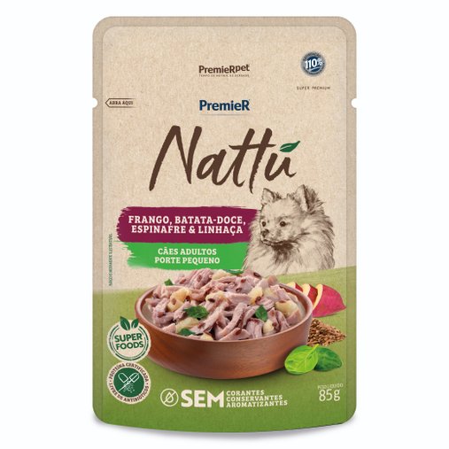 Sachê Premier Nattú para Cães Adultos Raças Pequenas Sabor Frango e Batata Doce 85g