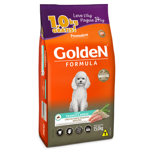Ração Golden para Cães Adultos Raças Pequenas Sabor Frango e Arroz pague 14 leve 15Kg