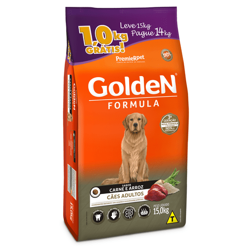 Ração Golden para Cães Adultos Sabor Carne e Arroz pague 14 leve 15Kg