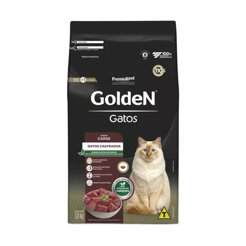 Ração Golden para Gatos Castrados Sabor Carne 3Kg