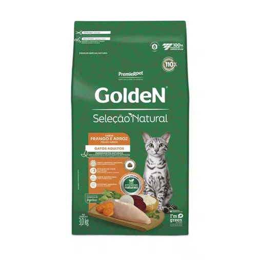 Ração Golden Seleção Natural para Gatos Adultos Sabor Frango e Arroz 3Kg