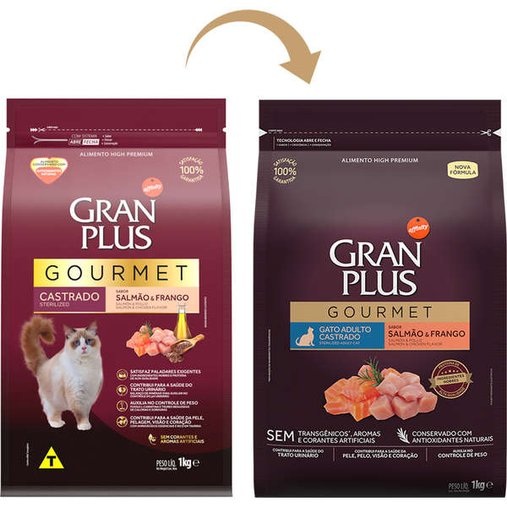 Ração Gran Plus Gourmet para Gatos Castrados Sabor Salmão e Frango 3Kg
