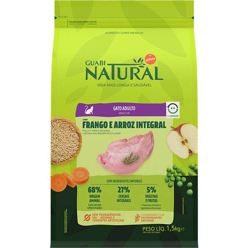 Ração Guabi Natural para Gatos Adultos sabor Frango e Arroz Integral 1,5Kg
