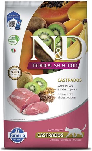 Ração N&D Tropical Selection para Gatos Castrados Sabor Suíno e Frutas Tropicais 7Kg