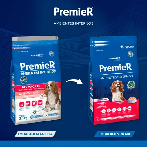 Ração Premier Ambientes Internos Dermacare para Cães Adultos Raças Pequenas Sabor Salmão 12Kg