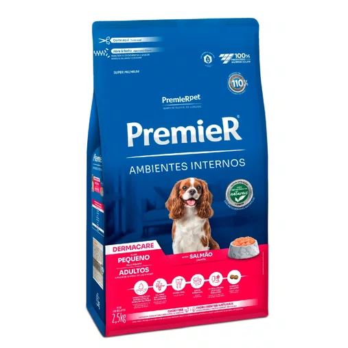 Ração Premier Ambientes Internos Dermacare para Cães Adultos Raças Pequenas Sabor Salmão 2,5Kg