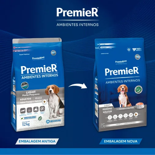 Ração Premier Ambientes Internos Light para Cães Adultos Raças Pequenas Sabor Frango e Salmão 12Kg
