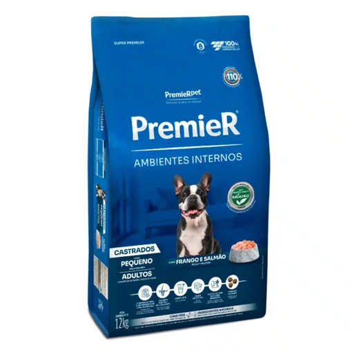 Ração Premier Ambientes Internos para Cães Adultos Castrados Raças Pequenas Sabor Frango e Salmão 12Kg