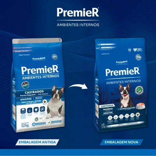 Ração Premier Ambientes Internos para Cães Adultos Castrados Raças Pequenas Sabor Frango e Salmão 12Kg