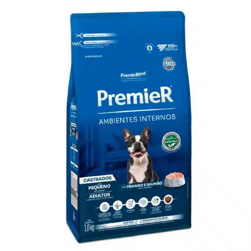 Ração Premier Ambientes Internos para Cães Adultos Castrados Raças Pequenas Sabor Frango e Salmão 1Kg