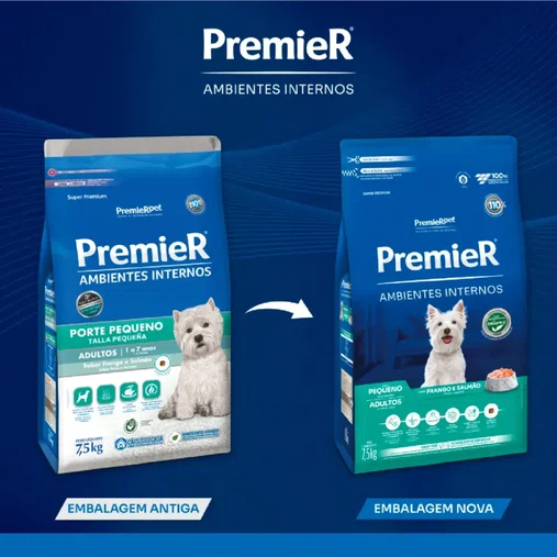 Ração Premier Ambientes Internos para Cães Adultos Raças Pequenas Sabor Frango e Salmão 7,5Kg