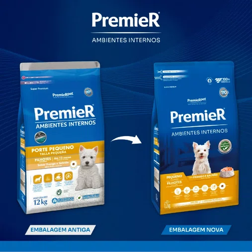 Ração Premier Ambientes Internos para Cães Filhotes Raças Pequenas Sabor Frango e Salmão 12Kg