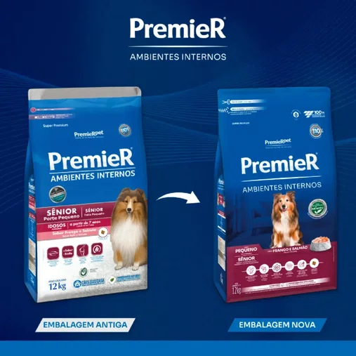 Ração Premier Ambientes Internos para Cães Sênior Raças Pequenas Sabor Frango e Salmão 12Kg