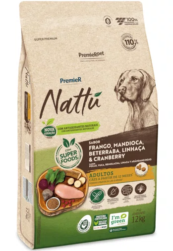 Ração Premier Nattu para Cães Adultos Sabor Frango e Mandioca 12Kg