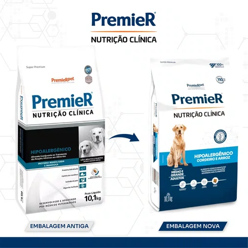 Ração Premier Nutrição Clínica Hipoalergênico Cães Adultos Raças Médias e Grandes Sabor Proteína Hidrolisada e Mandioca 10,1Kg