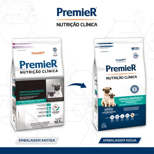 Ração Premier Nutrição Clínica Hipoalergênico Cães Adultos Raças Pequenas Sabor Proteína Hidrolisada e Mandioca 10,1Kg