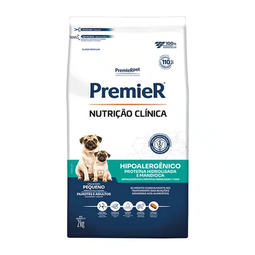 Ração Premier Nutrição Clínica Hipoalergênico Cães Adultos Raças Pequenas Sabor Proteína Hidrolisada e Mandioca 2Kg