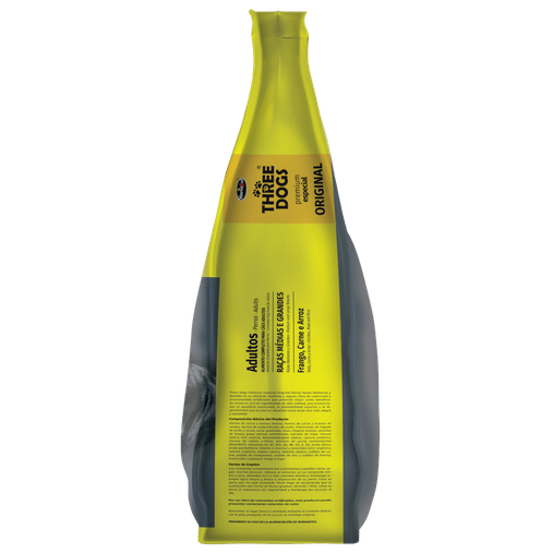 Ração Three Dogs Original para Cães Adultos Raças Médias e Grandes Sabor Frango, Carne e Arroz 15Kg