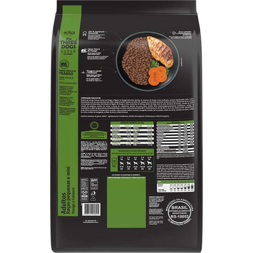 Ração Three Dogs para Cães Adultos Raças Pequenas e Minis Sabor Frango e Cenoura 15Kg