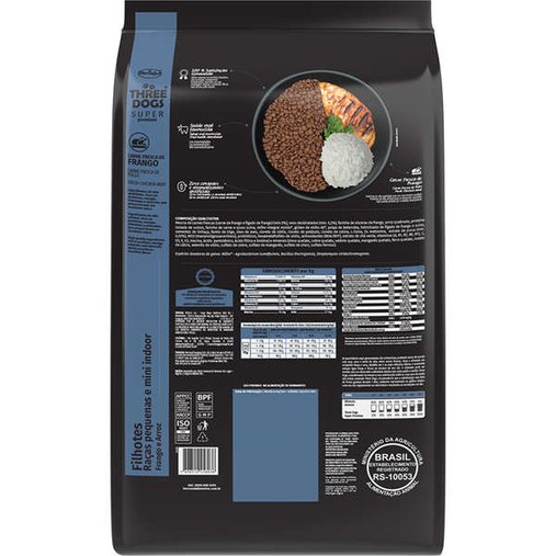 Ração Three Dogs para Cães Filhotes Raças Pequenas Sabor Frango e Arroz 10,1Kg