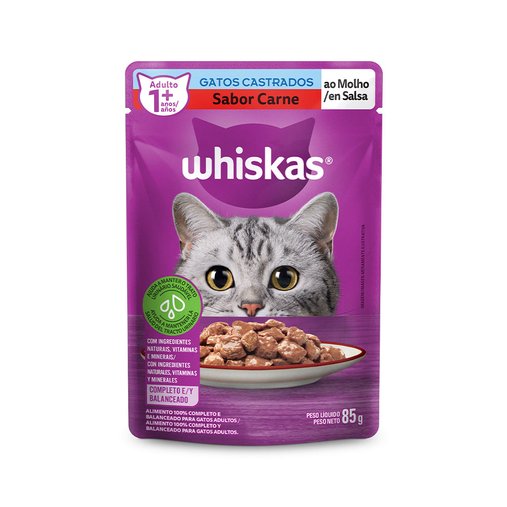 Sachê Whiskas para Gatos Castrados Sabor Carne ao Molho 85g