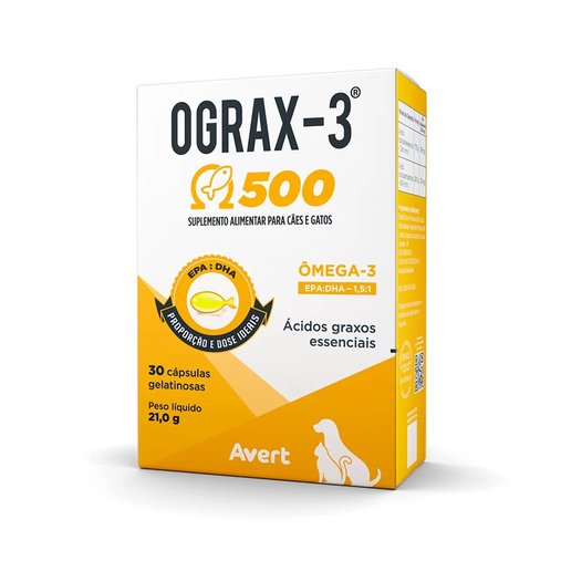 Suplemento Alimentar Avert Ograx-3 500 para Cães e Gatos 30 Cápsulas