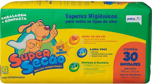 Tapete Higiênico Cães Super Secão 30 unidades 80x60cm