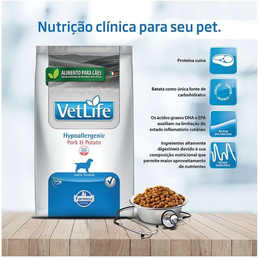 Ração Vet Life Natural Hypoallergenic para Cães Adultos sabor Porco e Batata 10,1Kg