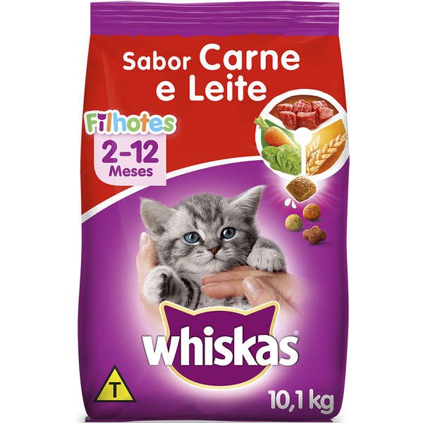 postura Presunto Comida Ração Whiskas para Gatos Filhotes Sabor Carne e Leite 10,1Kg - Petnautas